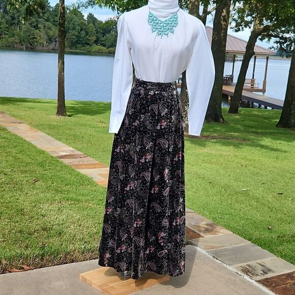 Vintage Sz 12 Westminster Lace Velvet Black Floral Pleated Maxi Skirt Victorian - Picture 2 of 11